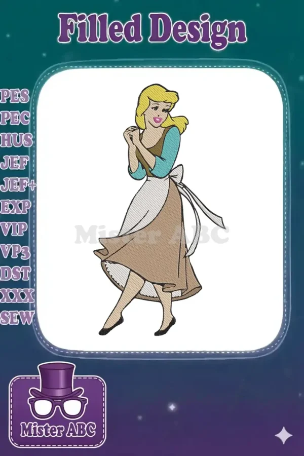 Full-body embroidery design of Cinderella in her humble servant dress, featuring a soft smile and gentle pose.
