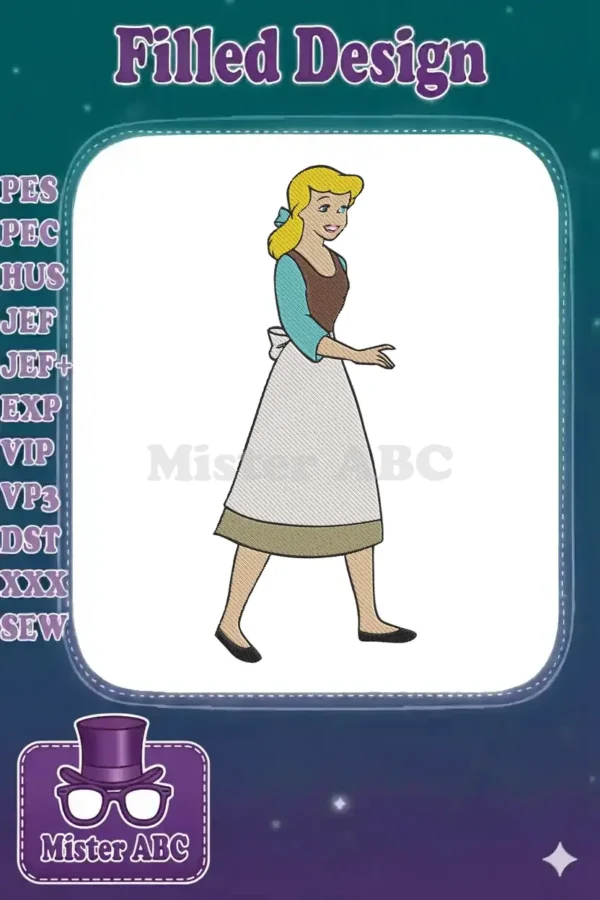 Full-body embroidery design of Cinderella in her servant outfit, featuring detailed stitching and vibrant colors.