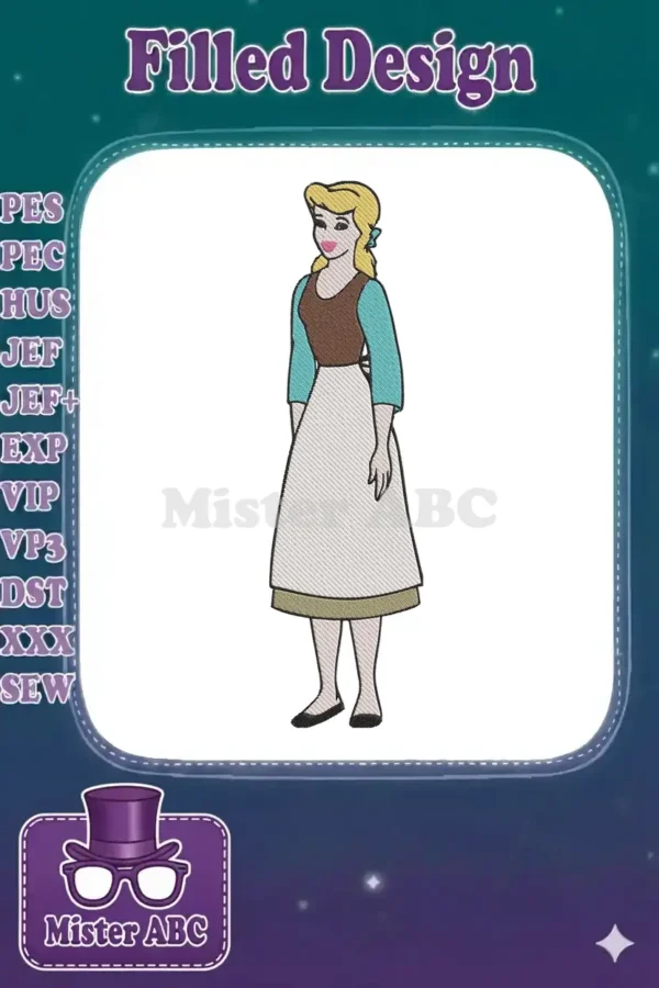 Full-body embroidery design of Cinderella in her maid outfit, featuring a brown top, teal sleeves, and a white apron.
