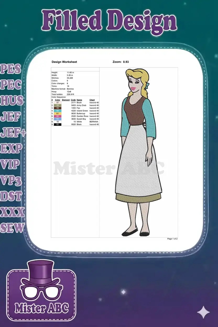 Cinderella embroidery design worksheet detailing dimensions, stitch count, colors, and machine format for production.