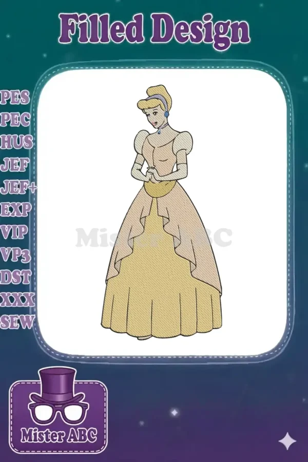 Full-length embroidery design of Cinderella in her classic pink ball gown, hands clasped, with intricate details.