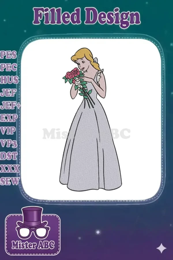 Full-length embroidery of Cinderella in a light purple gown, holding a bouquet of pink roses and white flowers.