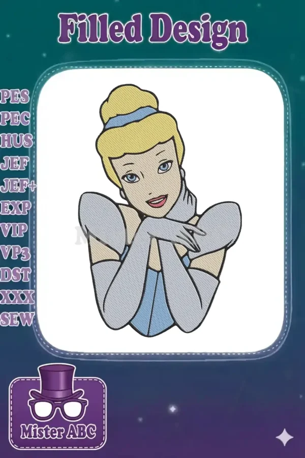 Close-up of a vibrant Cinderella embroidery design, featuring her elegant pose, blonde hair, and blue gown.
