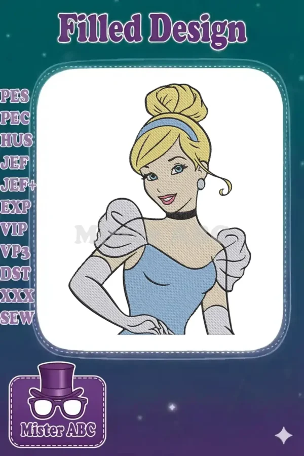 A vibrant embroidery design featuring Cinderella in her classic blue ball gown with an elegant updo and gloves.