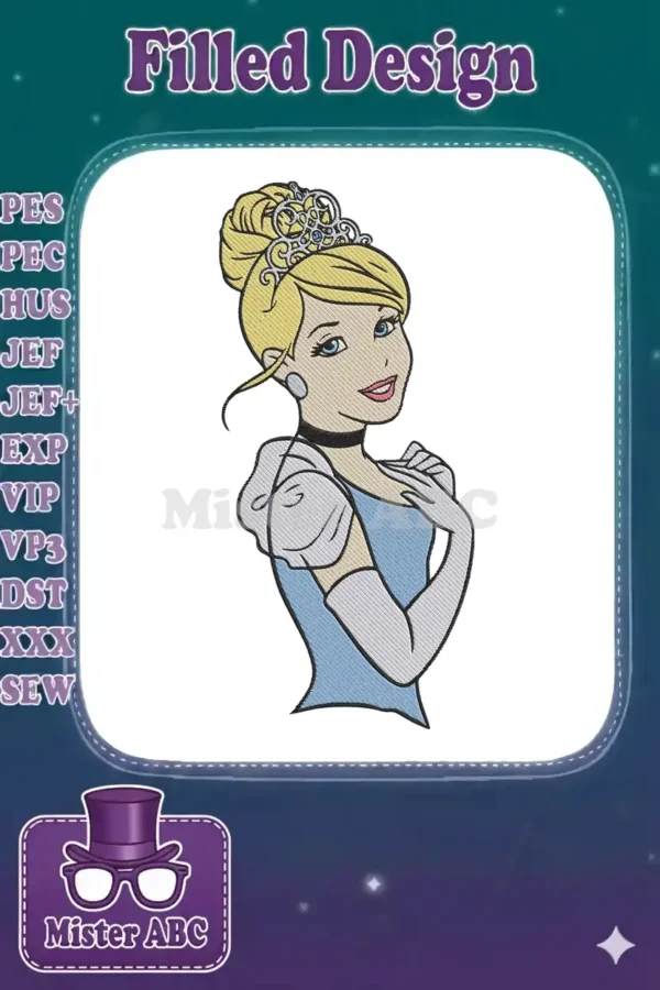 Close-up embroidery design of Cinderella's upper body, featuring her blonde bun, tiara, blue dress, and white gloves.