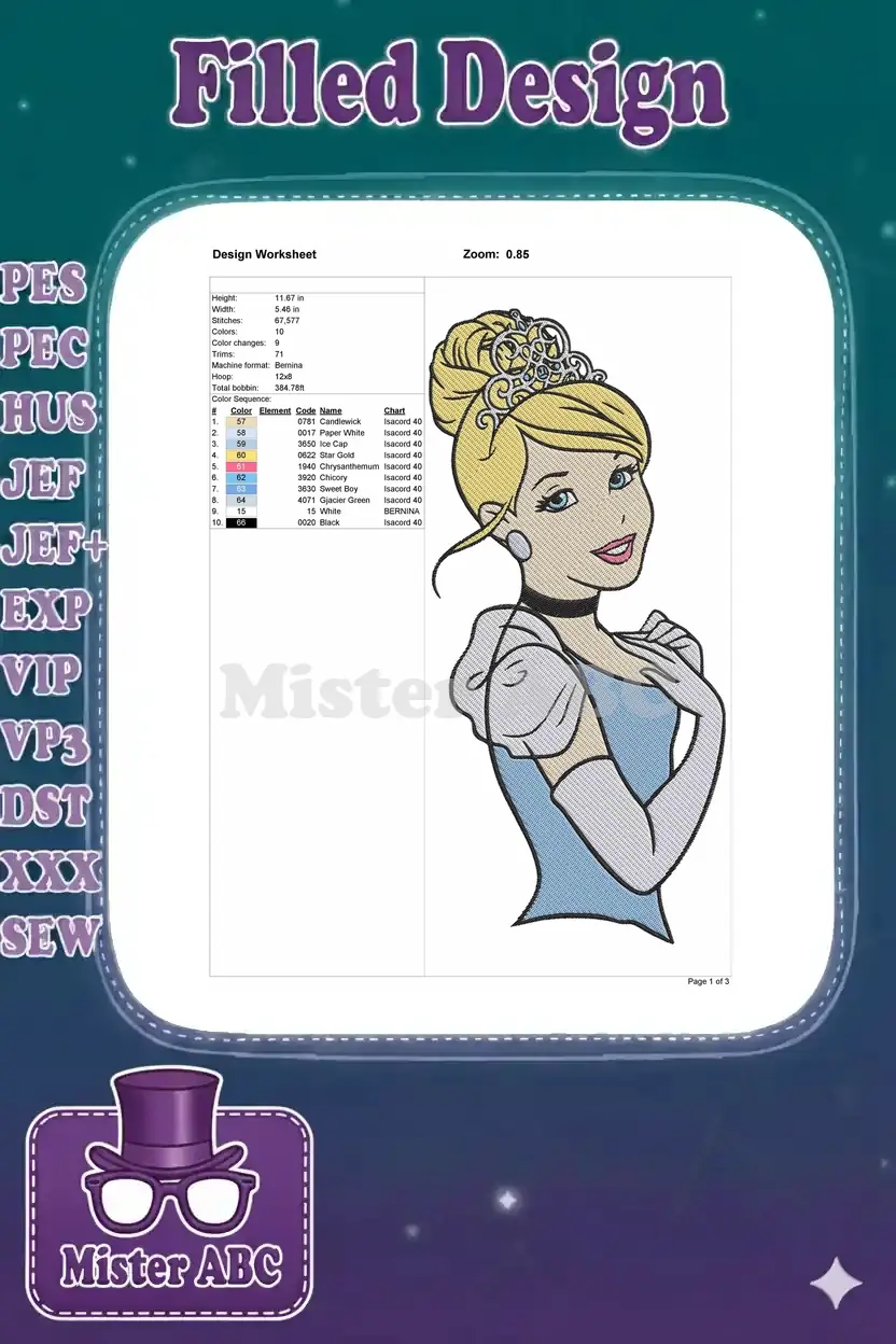 Embroidery design worksheet for Cinderella, detailing dimensions, stitch count, color sequence, and machine format.