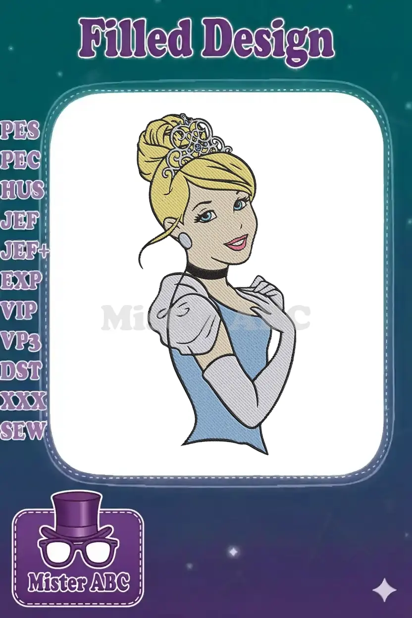 Close-up embroidery design of Cinderella's upper body, featuring her blonde bun, tiara, blue dress, and white gloves.