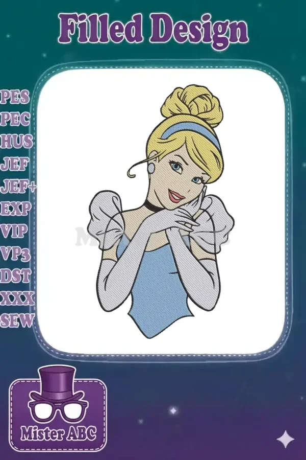 Close-up of a charming Cinderella embroidery design, featuring her blonde bun, blue headband, and elegant gloves.