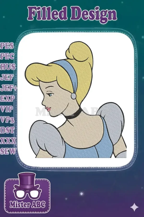 Close-up embroidery design of Cinderella's profile, featuring blonde hair, blue headband, and elegant dress details.
