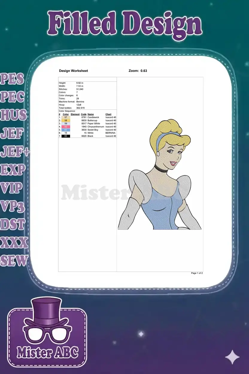 Embroidery design worksheet for Cinderella, detailing dimensions, stitch count, thread colors, and machine compatibility.