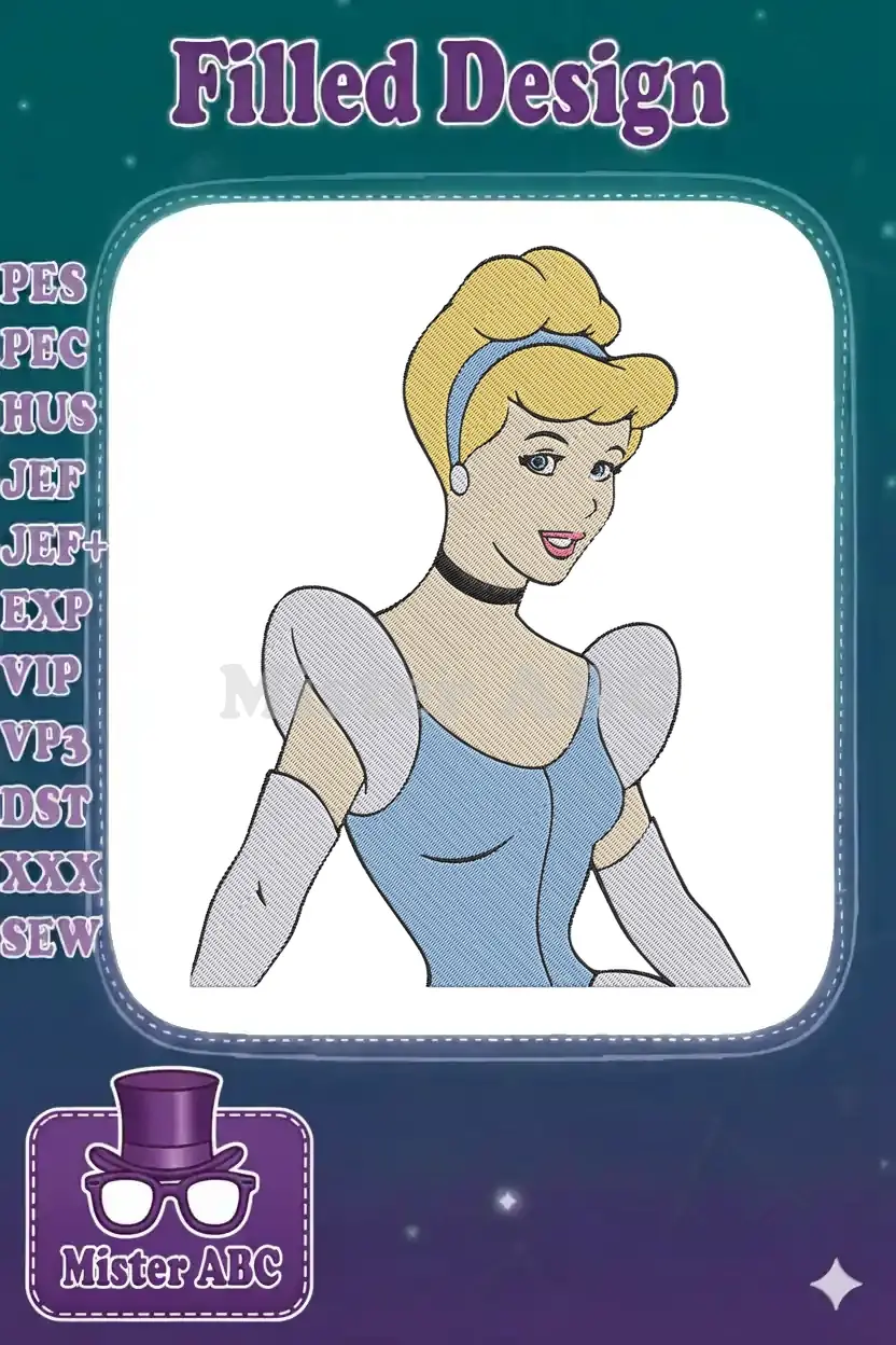 Close-up of a beautifully stitched Cinderella embroidery design, featuring her iconic blue dress and elegant blonde updo.