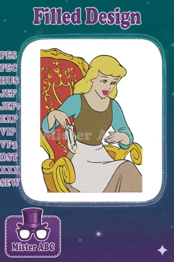 Detailed embroidery of Cinderella in peasant attire, seated on a grand red and gold throne, holding her glass slipper.