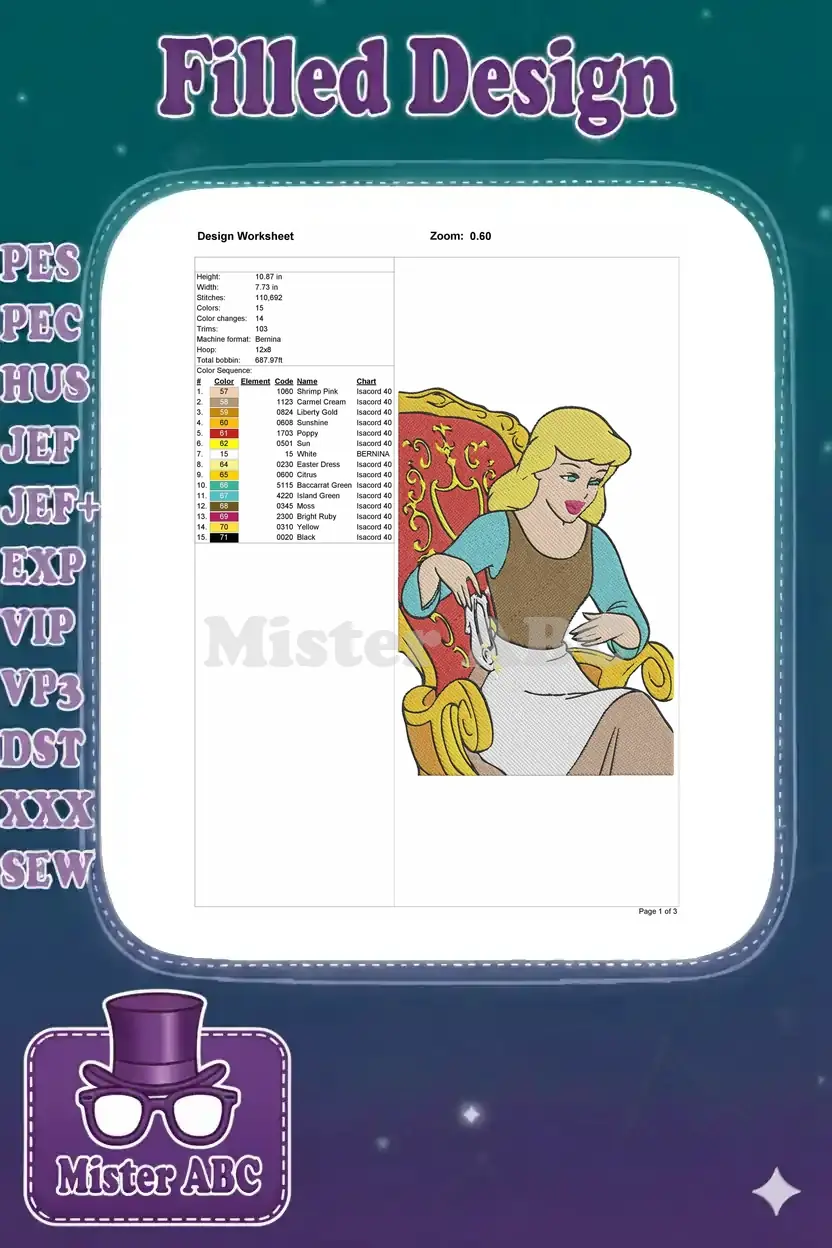 Embroidery design worksheet showing dimensions, stitch count, color chart, and a preview of the Cinderella design.