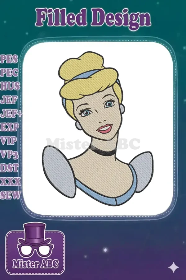 Close-up embroidery design of Cinderella's head and shoulders, featuring her blonde bun, blue headband, and dress.