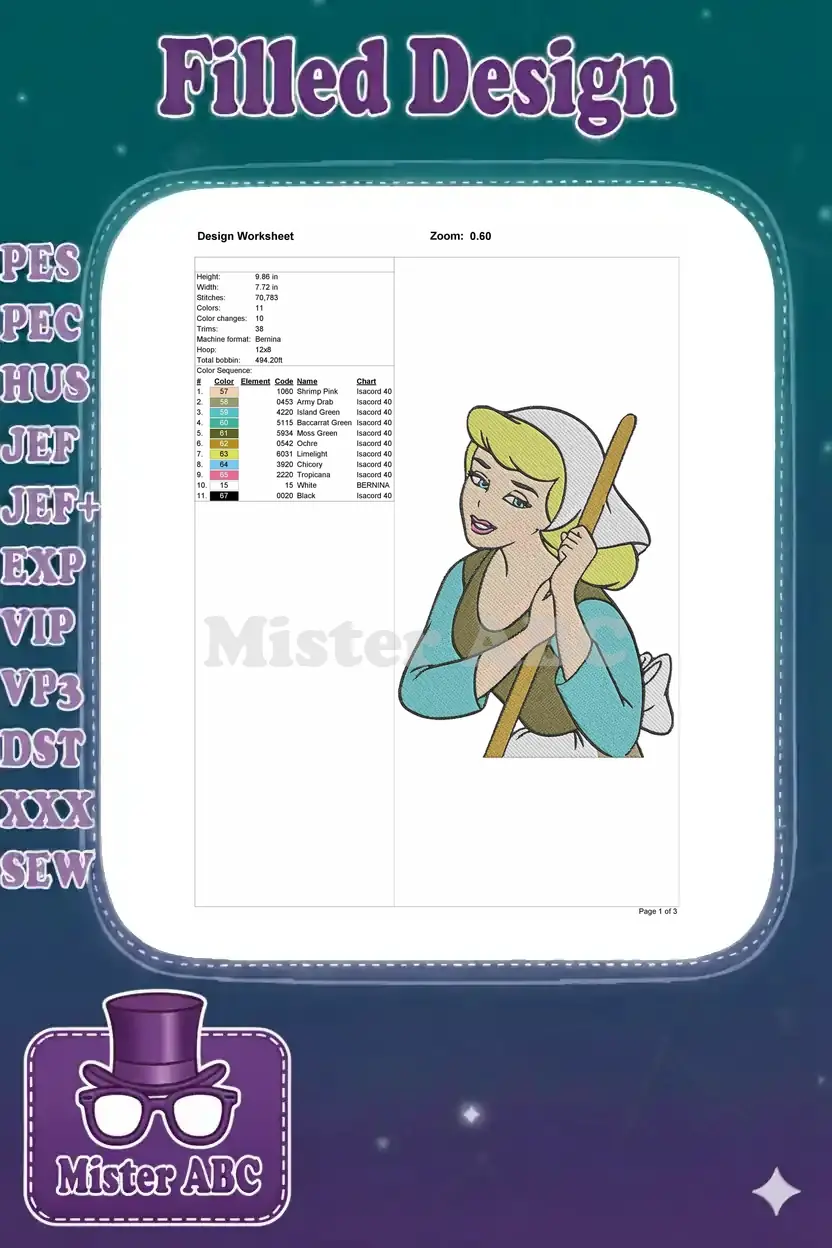 Embroidery design worksheet for Cinderella, detailing dimensions, stitch count, color changes, and thread color chart.