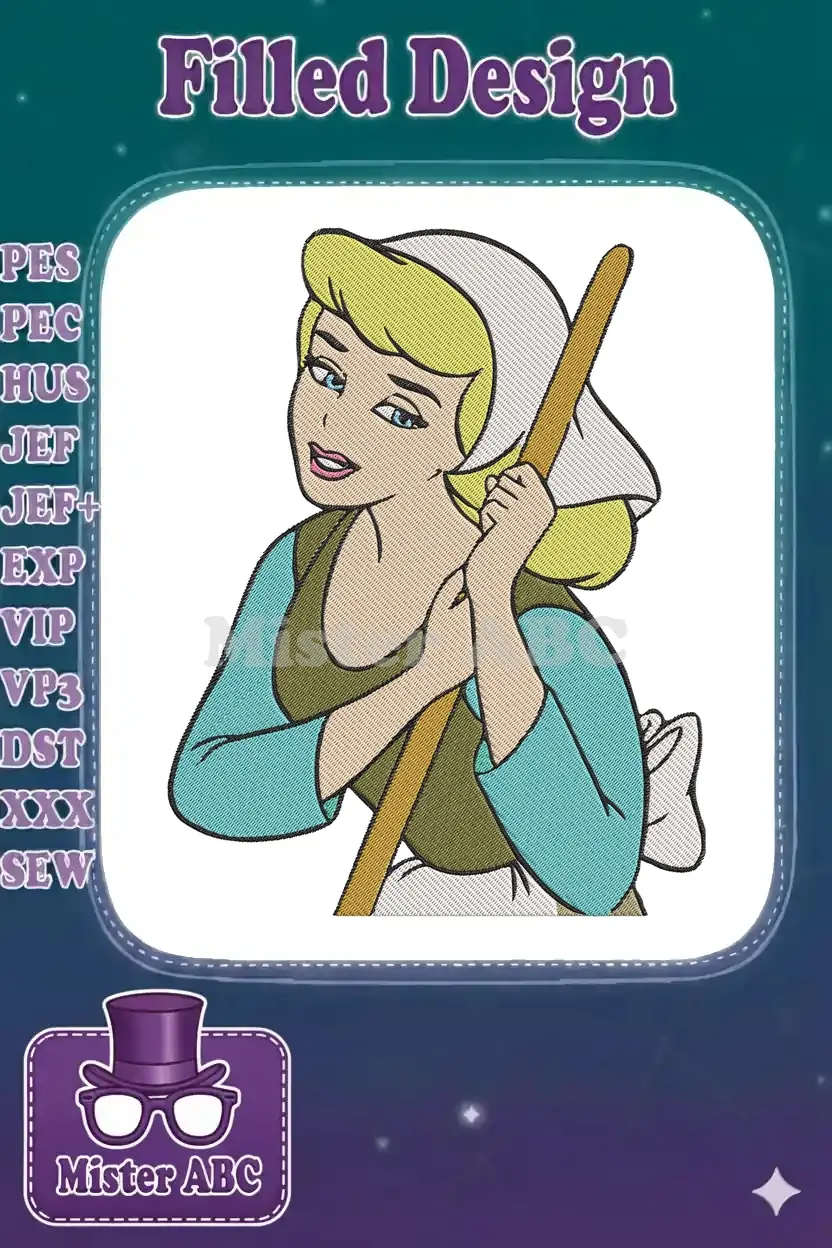 Digital embroidery design of Cinderella in her servant outfit, holding a broom, looking over her shoulder with a gentle smile.