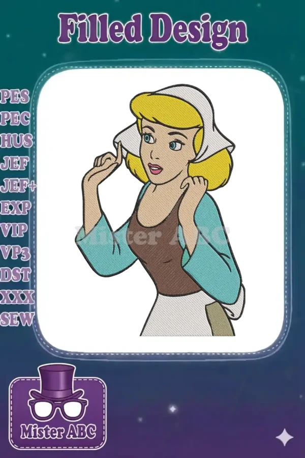 Cinderella in her maid outfit, a charming embroidery design with vibrant colors and detailed stitching, ready for projects.