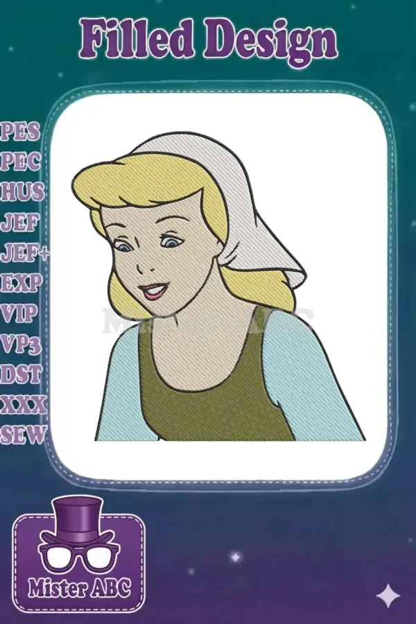 Cinderella in her pre-ball attire, a charming embroidery design featuring delicate facial details and classic colors.