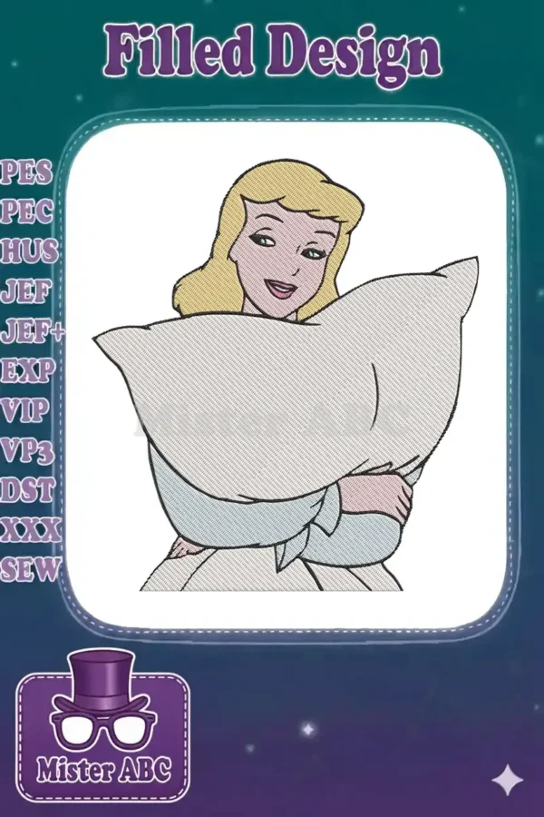 A charming embroidery design featuring Cinderella with blonde hair, smiling while hugging a soft, white pillow.