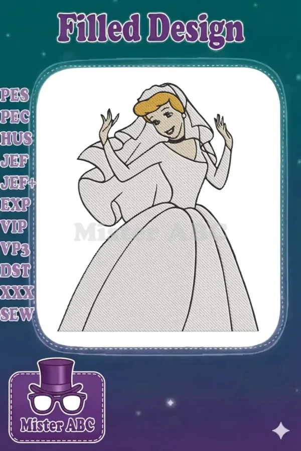 Enchanting Cinderella in a beautiful white wedding gown, elegantly posed with a veil, perfect for fairytale embroidery projects.