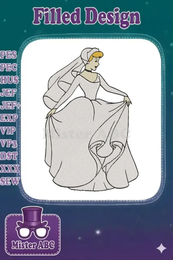 Exquisite embroidery design featuring Disney's Cinderella in her elegant wedding gown and veil, gracefully holding her skirt.