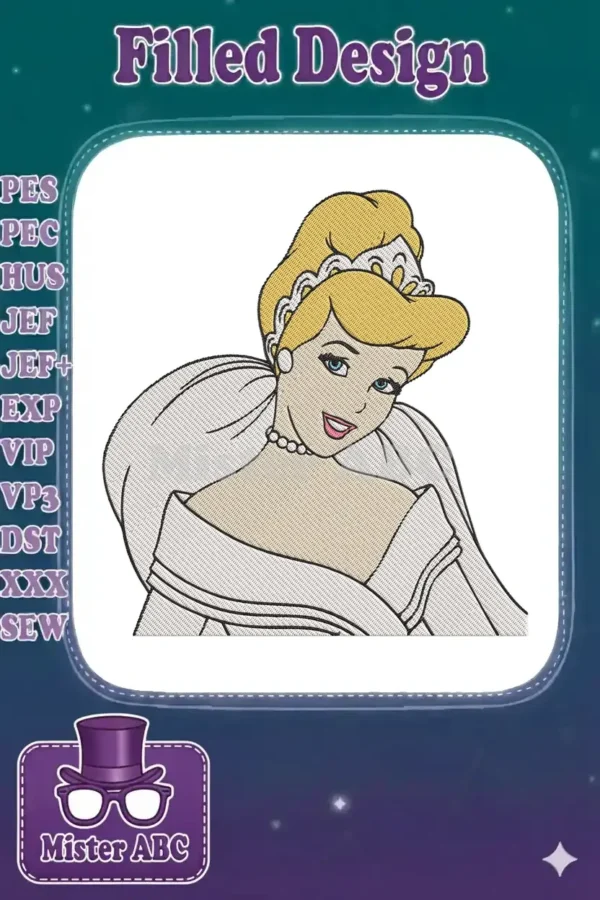 Beautiful Cinderella embroidery design, featuring her in a white gown and tiara, with intricate fill and satin stitches.