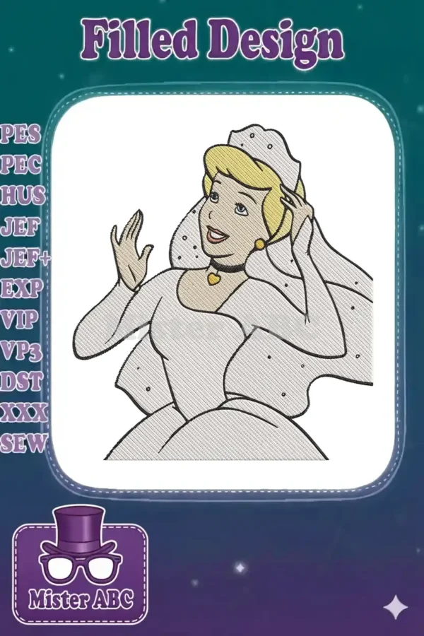 Stunning Cinderella wedding embroidery design with veil, showing her elegant pose and detailed dress. A fairytale dream.