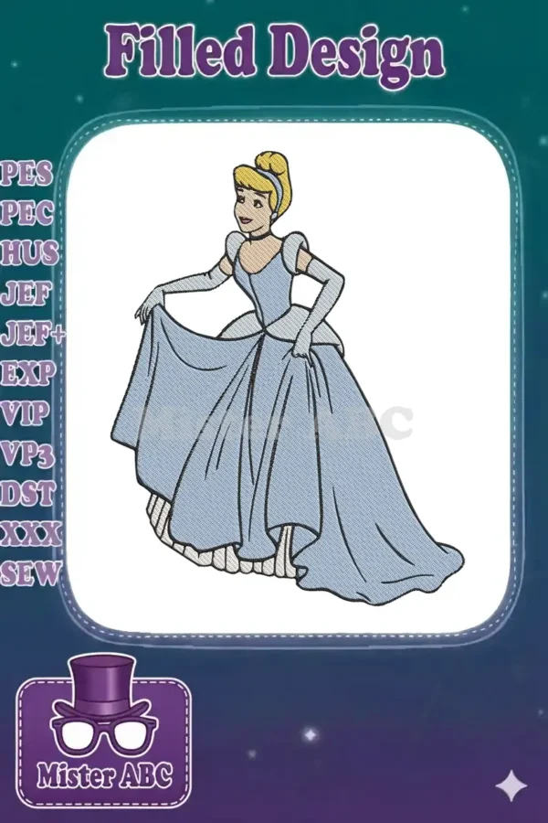 Full-color embroidery design of Cinderella in her iconic light blue ball gown, holding up her dress gracefully.