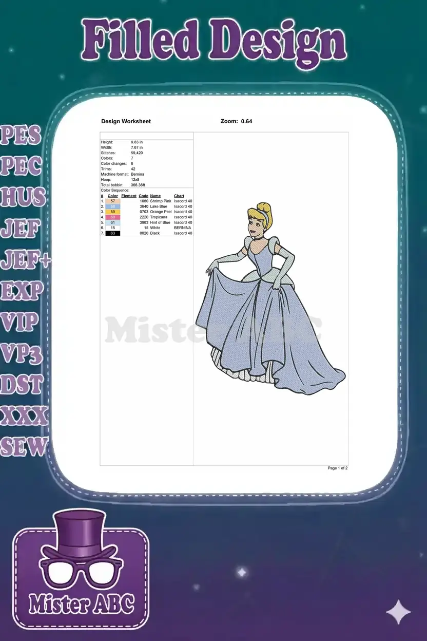 Embroidery design worksheet for Cinderella, detailing dimensions, stitch count, color sequence, and machine info.