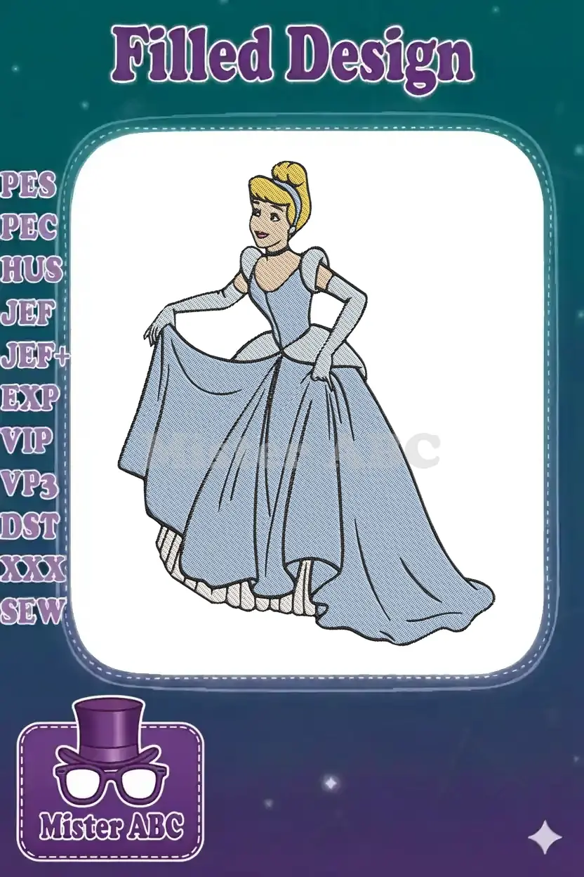 Full-color embroidery design of Cinderella in her iconic light blue ball gown, holding up her dress gracefully.
