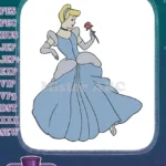 Classic Cinderella in blue ball gown holding rose embroidery designs - Instant Download