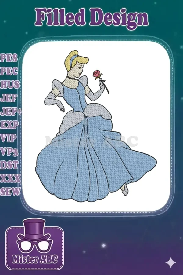 Exquisite Cinderella embroidery design in her iconic blue ball gown, elegantly holding a single red rose.
