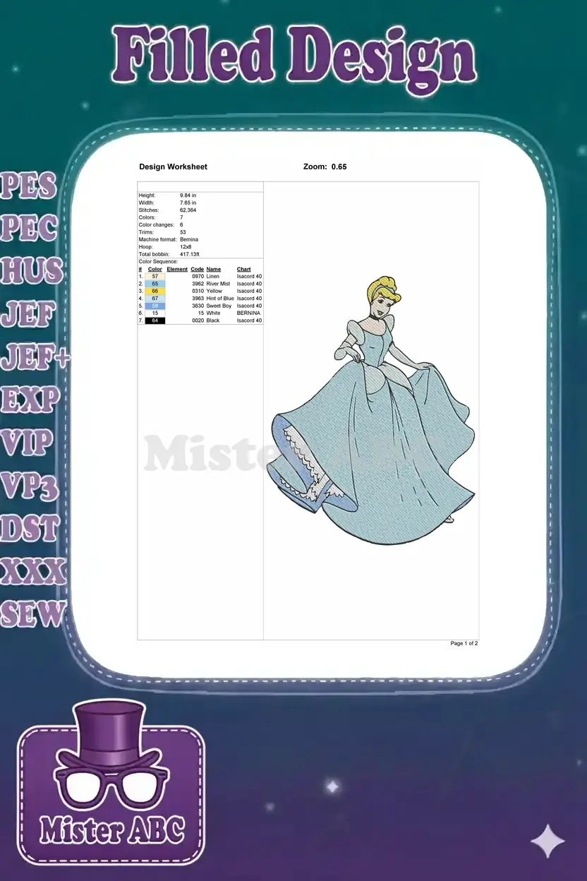 Detailed embroidery design worksheet for Cinderella, showing dimensions, stitch count, color sequence, and machine details.