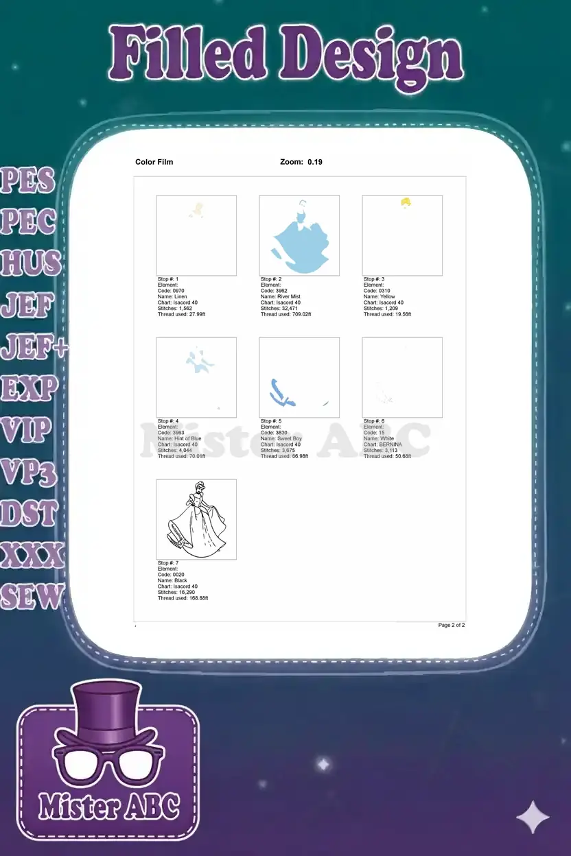 Color film breakdown of the Cinderella embroidery design, showing individual stitch stops and thread usage per color.