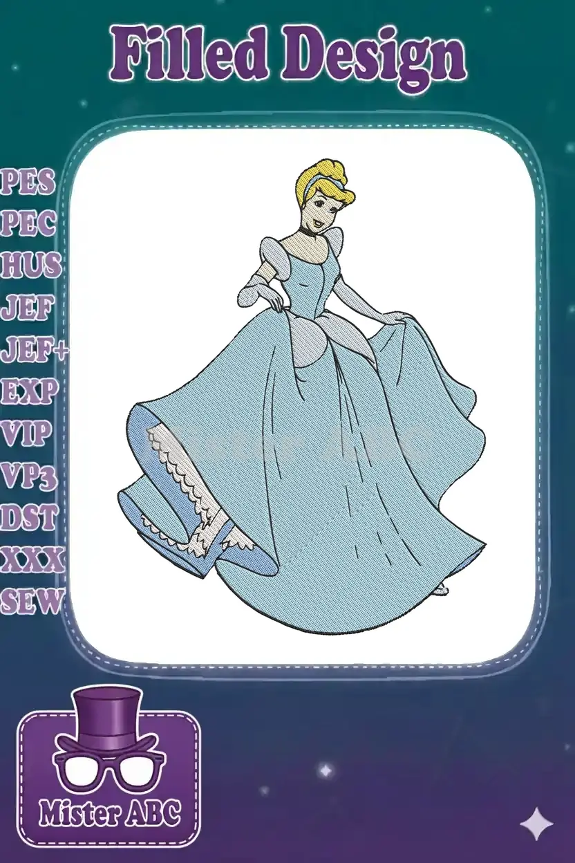 A vibrant embroidery design of Cinderella in her iconic blue ball gown, gracefully holding her skirt, ready for a magical moment.