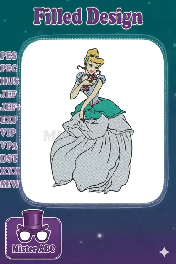 Full-color embroidered design of Cinderella in her classic ball gown, holding a pink rose, featuring detailed thread work.