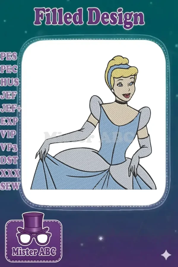 A vibrant embroidery design of Cinderella, showcasing her iconic blue gown and golden hair, ready for magical projects.