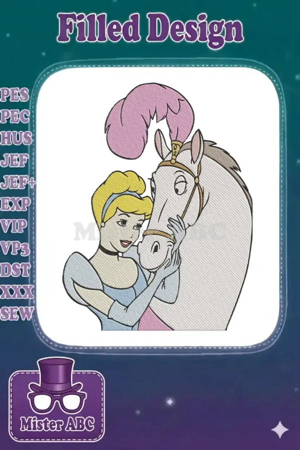 Cinderella gently embracing her noble white horse, Major, adorned with a pink feather, in a beautiful embroidery design.