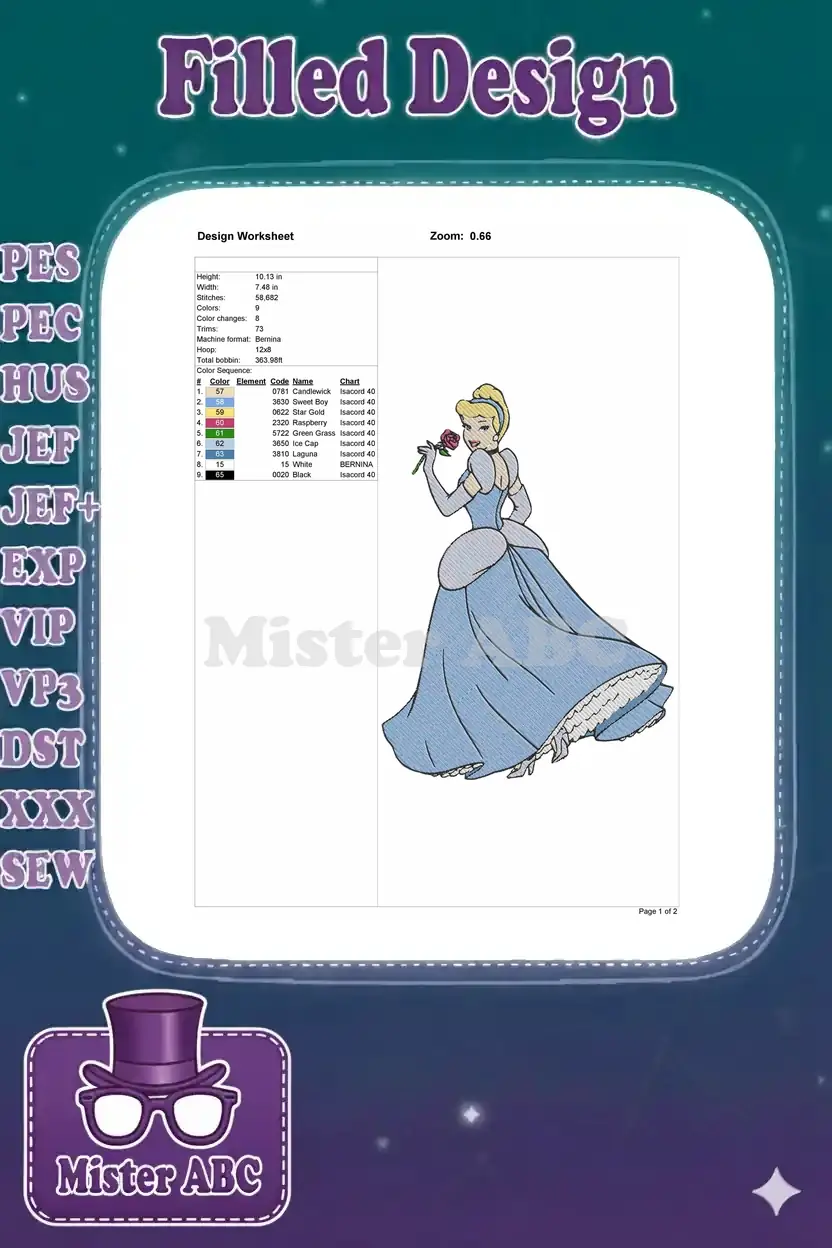 Detailed embroidery design worksheet for Cinderella, showing dimensions, stitch count, color sequence, and thread chart.