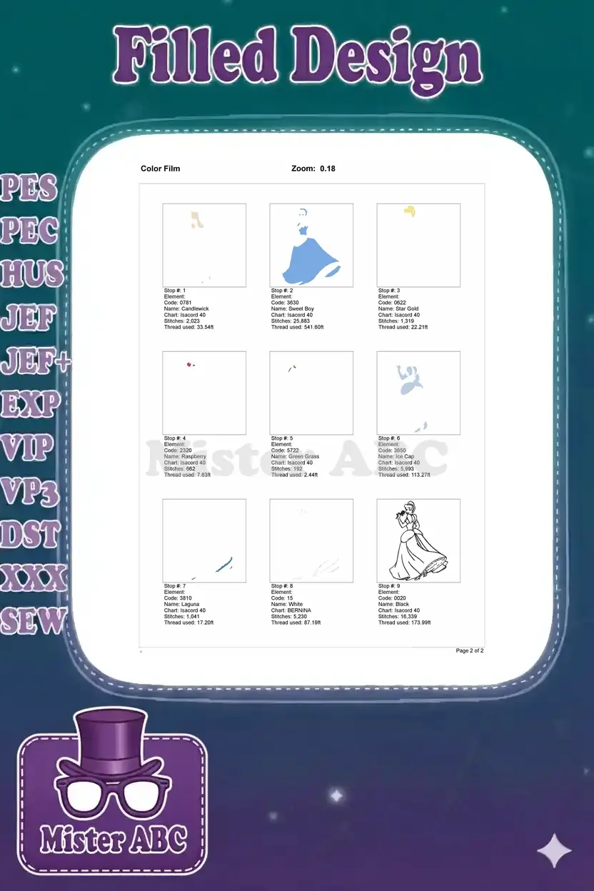 Color film breakdown of the Cinderella embroidery design, illustrating each stitching step by color and thread details.