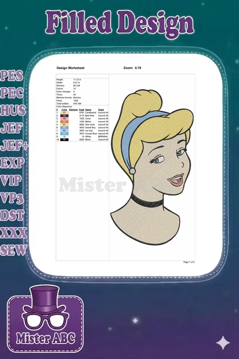 Detailed embroidery design worksheet for Cinderella, displaying dimensions, stitch count, and thread color chart.