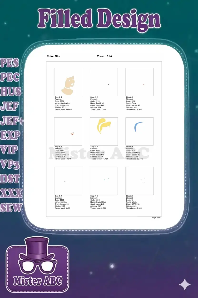 First page of the Color Film for Cinderella, showing individual stitch-outs for the initial 9 color stops.