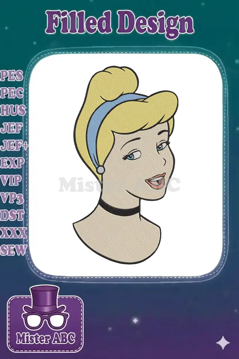 Close-up of a vibrant Cinderella embroidery design, showcasing her iconic blonde hair, blue headband, and elegant features.