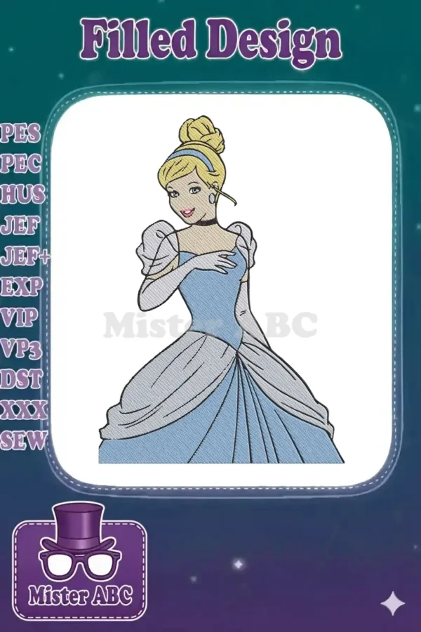 A beautiful embroidery design of Cinderella in her iconic blue ball gown, ready to add a magical touch.