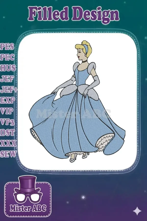 A beautiful embroidery design of Cinderella in her iconic blue ball gown, gracefully holding her skirt.