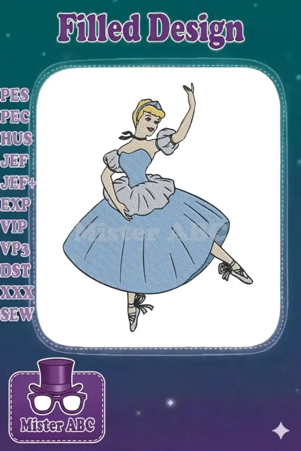 Elegant Cinderella in a graceful ballet pose, wearing her iconic light blue gown with puffed sleeves and pointe shoes.