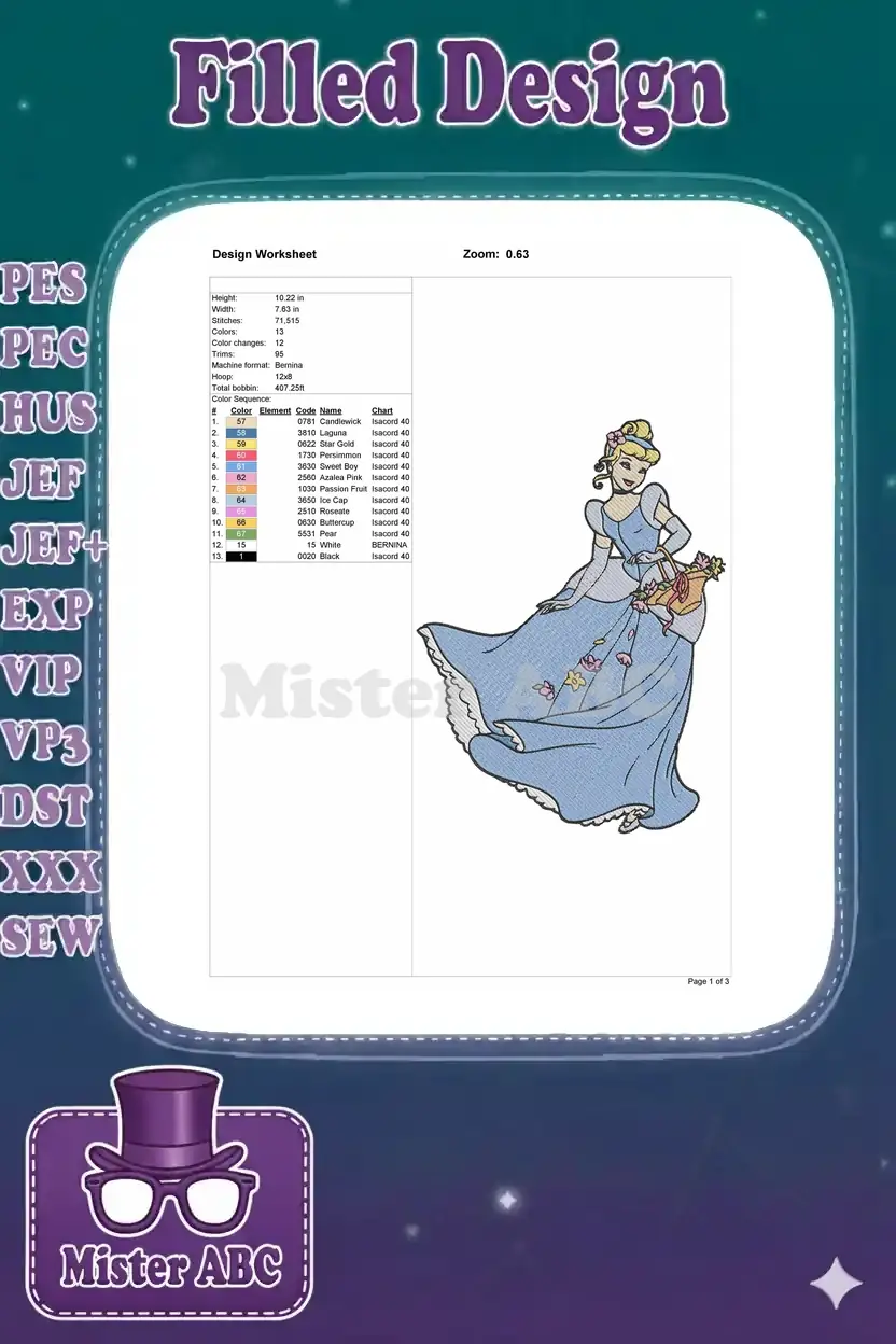 Embroidery design worksheet for Cinderella, detailing dimensions, stitch count, color sequence, and thread chart.