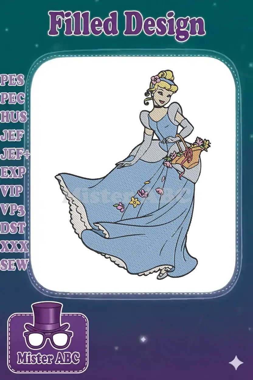 Elegant Cinderella in her iconic blue dress, holding a basket of colorful flowers, rendered as a detailed embroidery.