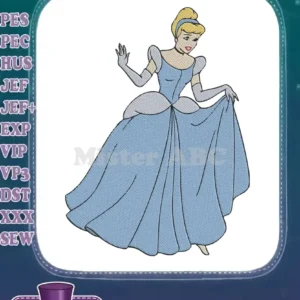 Elegant Cinderella machine embroidery design in her iconic blue ball gown, waving gracefully, perfect for enchanting projects.