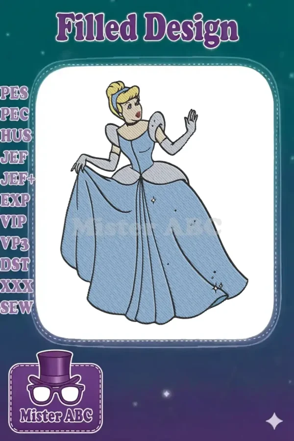 Elegant Cinderella machine embroidery design featuring her iconic blue ball gown, gloves, and blonde updo, ready for a magical project.